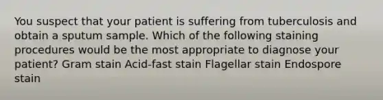 You suspect that your patient is suffering from tuberculosis and obtain a sputum sample. Which of the following staining procedures would be the most appropriate to diagnose your patient? Gram stain Acid-fast stain Flagellar stain Endospore stain