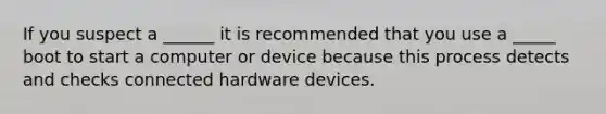 If you suspect a ______ it is recommended that you use a _____ boot to start a computer or device because this process detects and checks connected hardware devices.