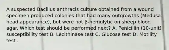 A suspected Bacillus anthracis culture obtained from a wound specimen produced colonies that had many outgrowths (Medusa-head appearance), but were not β-hemolytic on sheep blood agar. Which test should be performed next? A. Penicillin (10-unit) susceptibility test B. Lecithinase test C. Glucose test D. Motility test .