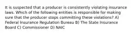 It is suspected that a producer is consistently violating insurance laws. Which of the following entities is responsible for making sure that the producer stops committing these violations? A) Federal Insurance Regulation Bureau B) The State Insurance Board C) Commissioner D) NAIC