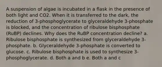 A suspension of algae is incubated in a flask in the presence of both light and CO2. When it is transferred to the dark, the reduction of 3-phosphoglycerate to glyceraldehyde 3-phosphate is blocked, and the concentration of ribulose bisphosphate (RuBP) declines. Why does the RuBP concentration decline? a. Ribulose bisphosphate is synthesized from glyceraldehyde 3-phosphate. b. Glyceraldehyde 3-phosphate is converted to glucose. c. Ribulose bisphosphate is used to synthesize 3-phosphoglycerate. d. Both a and b e. Both a and c