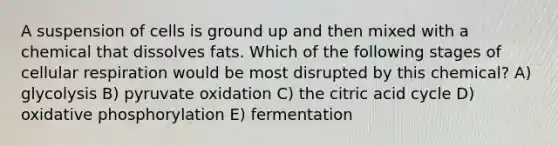 A suspension of cells is ground up and then mixed with a chemical that dissolves fats. Which of the following stages of cellular respiration would be most disrupted by this chemical? A) glycolysis B) pyruvate oxidation C) the citric acid cycle D) oxidative phosphorylation E) fermentation