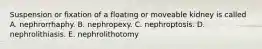 Suspension or fixation of a floating or moveable kidney is called A. nephrorrhaphy. B. nephropexy. C. nephroptosis. D. nephrolithiasis. E. nephrolithotomy