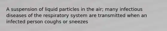 A suspension of liquid particles in the air; many infectious diseases of the respiratory system are transmitted when an infected person coughs or sneezes