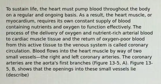 To sustain life, the heart must pump blood throughout the body on a regular and ongoing basis. As a result, the heart muscle, or myocardium, requires its own constant supply of blood containing nutrients and oxygen to function effectively. The process of the delivery of oxygen and nutrient-rich arterial blood to cardiac muscle tissue and the return of oxygen-poor blood from this active tissue to the venous system is called coronary circulation. Blood flows into the heart muscle by way of two small vessels—the right and left coronary arteries. The coronary arteries are the aorta's first branches (Figure 13-5, A). Figure 13-5, B, shows that the openings into these small vessels lie (describe)