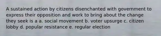 A sustained action by citizens disenchanted with government to express their opposition and work to bring about the change they seek is a a. social movement b. voter upsurge c. citizen lobby d. popular resistance e. regular election