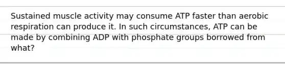 Sustained muscle activity may consume ATP faster than aerobic respiration can produce it. In such circumstances, ATP can be made by combining ADP with phosphate groups borrowed from what?