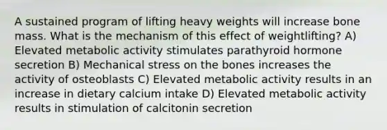 A sustained program of lifting heavy weights will increase bone mass. What is the mechanism of this effect of weightlifting? A) Elevated metabolic activity stimulates parathyroid hormone secretion B) Mechanical stress on the bones increases the activity of osteoblasts C) Elevated metabolic activity results in an increase in dietary calcium intake D) Elevated metabolic activity results in stimulation of calcitonin secretion