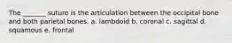 The _______ suture is the articulation between the occipital bone and both parietal bones. a. lambdoid b. coronal c. sagittal d. squamous e. frontal
