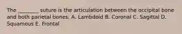 The ________ suture is the articulation between the occipital bone and both parietal bones. A. Lambdoid B. Coronal C. Sagittal D. Squamous E. Frontal