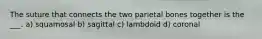 The suture that connects the two parietal bones together is the ___. a) squamosal b) sagittal c) lambdoid d) coronal
