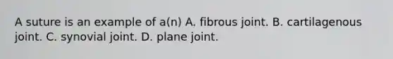 A suture is an example of a(n) A. fibrous joint. B. cartilagenous joint. C. synovial joint. D. plane joint.