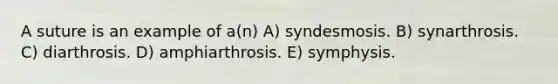 A suture is an example of a(n) A) syndesmosis. B) synarthrosis. C) diarthrosis. D) amphiarthrosis. E) symphysis.