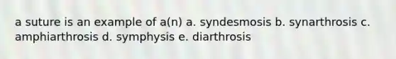 a suture is an example of a(n) a. syndesmosis b. synarthrosis c. amphiarthrosis d. symphysis e. diarthrosis