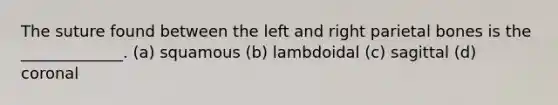 The suture found between the left and right parietal bones is the _____________. (a) squamous (b) lambdoidal (c) sagittal (d) coronal