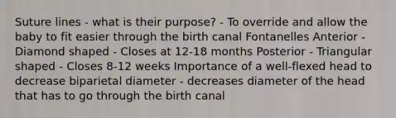 Suture lines - what is their purpose? - To override and allow the baby to fit easier through the birth canal Fontanelles Anterior - Diamond shaped - Closes at 12-18 months Posterior - Triangular shaped - Closes 8-12 weeks Importance of a well-flexed head to decrease biparietal diameter - decreases diameter of the head that has to go through the birth canal