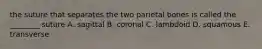the suture that separates the two parietal bones is called the ________ suture A. sagittal B. coronal C. lambdoid D. squamous E. transverse
