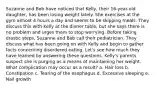 Suzanne and Bob have noticed that Kelly, their 16-year-old daughter, has been losing weight lately. She exercises at the gym almost 4 hours a day and seems to be skipping meals. They discuss this with Kelly at the dinner table, but she says there is no problem and urges them to stop worrying. Before taking drastic steps, Suzanne and Bob call their pediatrician. They discuss what has been going on with Kelly and begin to gather facts concerning disordered eating. Let's see how much they have learned by answering these questions. Kelly's parents suspect she is purging as a means of maintaining her weight. What complication may occur as a result? a. Hair loss b. Constipation c. Tearing of the esophagus d. Excessive sleeping e. Nail growth