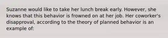 Suzanne would like to take her lunch break early. However, she knows that this behavior is frowned on at her job. Her coworker's disapproval, according to the theory of planned behavior is an example of: