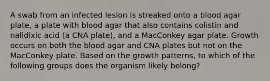 A swab from an infected lesion is streaked onto a blood agar plate, a plate with blood agar that also contains colistin and nalidixic acid (a CNA plate), and a MacConkey agar plate. Growth occurs on both the blood agar and CNA plates but not on the MacConkey plate. Based on the growth patterns, to which of the following groups does the organism likely belong?