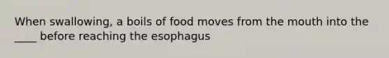 When swallowing, a boils of food moves from <a href='https://www.questionai.com/knowledge/krBoWYDU6j-the-mouth' class='anchor-knowledge'>the mouth</a> into the ____ before reaching <a href='https://www.questionai.com/knowledge/kSjVhaa9qF-the-esophagus' class='anchor-knowledge'>the esophagus</a>