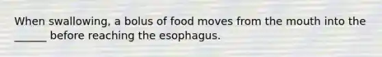 When swallowing, a bolus of food moves from <a href='https://www.questionai.com/knowledge/krBoWYDU6j-the-mouth' class='anchor-knowledge'>the mouth</a> into the ______ before reaching <a href='https://www.questionai.com/knowledge/kSjVhaa9qF-the-esophagus' class='anchor-knowledge'>the esophagus</a>.