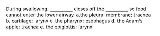 During swallowing, __________ closes off the __________ so food cannot enter the lower airway. a.the pleural membrane; trachea b. cartilage; larynx c. <a href='https://www.questionai.com/knowledge/ktW97n6hGJ-the-pharynx' class='anchor-knowledge'>the pharynx</a>; esophagus d. the Adam's apple; trachea e. the epiglottis; larynx