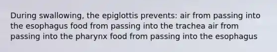 During swallowing, the epiglottis prevents: air from passing into the esophagus food from passing into the trachea air from passing into the pharynx food from passing into the esophagus