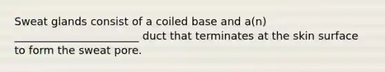 Sweat glands consist of a coiled base and a(n) _______________________ duct that terminates at the skin surface to form the sweat pore.