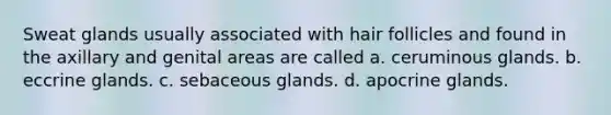 Sweat glands usually associated with hair follicles and found in the axillary and genital areas are called a. ceruminous glands. b. eccrine glands. c. sebaceous glands. d. apocrine glands.