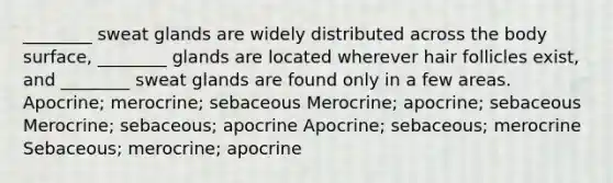 ________ sweat glands are widely distributed across the body surface, ________ glands are located wherever hair follicles exist, and ________ sweat glands are found only in a few areas. Apocrine; merocrine; sebaceous Merocrine; apocrine; sebaceous Merocrine; sebaceous; apocrine Apocrine; sebaceous; merocrine Sebaceous; merocrine; apocrine