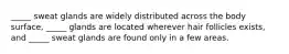 _____ sweat glands are widely distributed across the body surface, _____ glands are located wherever hair follicles exists, and _____ sweat glands are found only in a few areas.