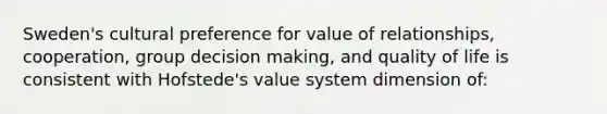 Sweden's cultural preference for value of relationships, cooperation, group decision making, and quality of life is consistent with Hofstede's value system dimension of: