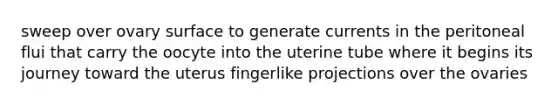 sweep over ovary surface to generate currents in the peritoneal flui that carry the oocyte into the uterine tube where it begins its journey toward the uterus fingerlike projections over the ovaries