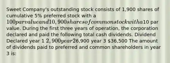 Sweet Company's outstanding stock consists of 1,900 shares of cumulative 5% preferred stock with a 100 par value and 10,900 shares of common stock with a10 par value. During the first three years of operation, the corporation declared and paid the following total cash dividends. Dividend Declared year 1 2,900 year 26,900 year 3 36,500 The amount of dividends paid to preferred and common shareholders in year 3 is: