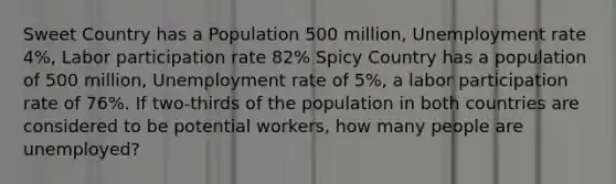 ​Sweet Country has a Population 500 million, Unemployment rate 4%, Labor participation rate 82% Spicy Country has a population of 500 million, Unemployment rate of 5%, a labor participation rate of 76%. If two-thirds of the population in both countries are considered to be potential workers, how many people are unemployed?