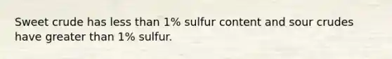 Sweet crude has less than 1% sulfur content and sour crudes have greater than 1% sulfur.