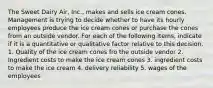 The Sweet Dairy Air, Inc., makes and sells ice cream cones. Management is trying to decide whether to have its hourly employees produce the ice cream cones or purchase the cones from an outside vendor. For each of the following items, indicate if it is a quantitative or qualitative factor relative to this decision. 1. Quality of the ice cream cones fro the outside vendor 2. Ingredient costs to make the ice cream cones 3. ingredient costs to make the ice cream 4. delivery reliability 5. wages of the employees