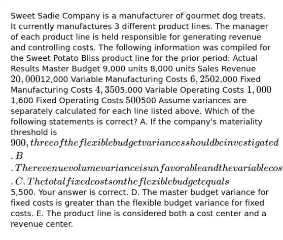 Sweet Sadie Company is a manufacturer of gourmet dog treats. It currently manufactures 3 different product lines. The manager of each product line is held responsible for generating revenue and controlling costs. The following information was compiled for the Sweet Potato Bliss product line for the prior​ period: Actual Results Master Budget ​9,000 units ​8,000 units Sales Revenue ​20,000 ​12,000 Variable Manufacturing Costs ​6,250 ​2,000 Fixed Manufacturing Costs ​4,350 ​5,000 Variable Operating Costs ​1,000 ​1,600 Fixed Operating Costs ​500 ​500 Assume variances are separately calculated for each line listed above. Which of the following statements is​ correct? A. If the​ company's materiality threshold is​ 900, three of the flexible budget variances should be investigated. B. The revenue volume variance is unfavorable and the variable cost volume variance is favorable. C. The total fixed costs on the flexible budget equals​5,500. Your answer is correct. D. The master budget variance for fixed costs is greater than the flexible budget variance for fixed costs. E. The product line is considered both a cost center and a revenue center.