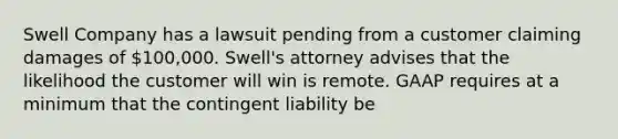 Swell Company has a lawsuit pending from a customer claiming damages of 100,000. Swell's attorney advises that the likelihood the customer will win is remote. GAAP requires at a minimum that the contingent liability be