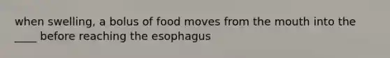 when swelling, a bolus of food moves from <a href='https://www.questionai.com/knowledge/krBoWYDU6j-the-mouth' class='anchor-knowledge'>the mouth</a> into the ____ before reaching <a href='https://www.questionai.com/knowledge/kSjVhaa9qF-the-esophagus' class='anchor-knowledge'>the esophagus</a>