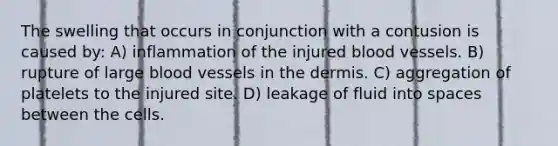 The swelling that occurs in conjunction with a contusion is caused by: A) inflammation of the injured blood vessels. B) rupture of large blood vessels in the dermis. C) aggregation of platelets to the injured site. D) leakage of fluid into spaces between the cells.