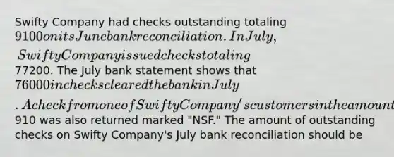 Swifty Company had checks outstanding totaling 9100 on its June bank reconciliation. In July, Swifty Company issued checks totaling77200. The July bank statement shows that 76000 in checks cleared the bank in July. A check from one of Swifty Company's customers in the amount of910 was also returned marked "NSF." The amount of outstanding checks on Swifty Company's July bank reconciliation should be