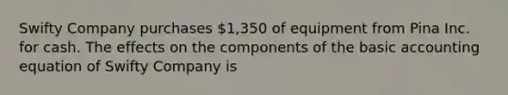 Swifty Company purchases 1,350 of equipment from Pina Inc. for cash. The effects on the components of the basic accounting equation of Swifty Company is