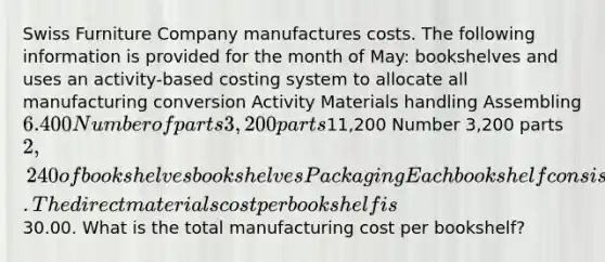 Swiss Furniture Company manufactures costs. The following information is provided for the month of May: bookshelves and uses an activity-based costing system to allocate all manufacturing conversion Activity Materials handling Assembling 6.400 Number of parts 3,200 parts11,200 Number 3,200 parts 2,240 of bookshelves bookshelves Packaging Each bookshelf consists of 4 parts. The direct materials cost per bookshelf is30.00. What is the total manufacturing cost per bookshelf?