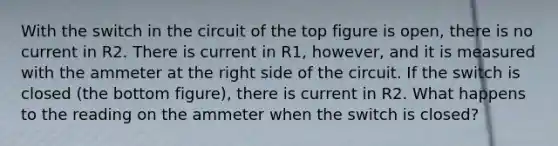 With the switch in the circuit of the top figure is open, there is no current in R2. There is current in R1, however, and it is measured with the ammeter at the right side of the circuit. If the switch is closed (the bottom figure), there is current in R2. What happens to the reading on the ammeter when the switch is closed?