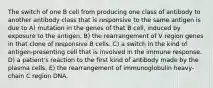 The switch of one B cell from producing one class of antibody to another antibody class that is responsive to the same antigen is due to A) mutation in the genes of that B cell, induced by exposure to the antigen. B) the rearrangement of V region genes in that clone of responsive B cells. C) a switch in the kind of antigen-presenting cell that is involved in the immune response. D) a patient's reaction to the first kind of antibody made by the plasma cells. E) the rearrangement of immunoglobulin heavy-chain C region DNA.