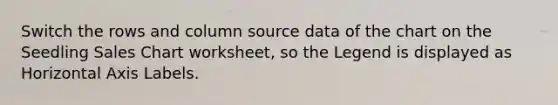 Switch the rows and column source data of the chart on the Seedling Sales Chart worksheet, so the Legend is displayed as Horizontal Axis Labels.