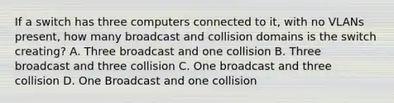 If a switch has three computers connected to it, with no VLANs present, how many broadcast and collision domains is the switch creating? A. Three broadcast and one collision B. Three broadcast and three collision C. One broadcast and three collision D. One Broadcast and one collision