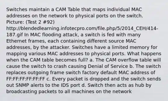 Switches maintain a CAM Table that maps individual MAC addresses on the network to physical ports on the switch. Picture: (Test 2 #92) http://blendedlearning.infotecpro.com/file.php/5/2014_CEH/414-187.gif In MAC flooding attack, a switch is fed with many Ethernet frames, each containing different source MAC addresses, by the attacker. Switches have a limited memory for mapping various MAC addresses to physical ports. What happens when the CAM table becomes full? a. The CAM overflow table will cause the switch to crash causing Denial of Service b. The switch replaces outgoing frame switch factory default MAC address of FF:FF:FF:FF:FF:FF c. Every packet is dropped and the switch sends out SNMP alerts to the IDS port d. Switch then acts as hub by broadcasting packets to all machines on the network